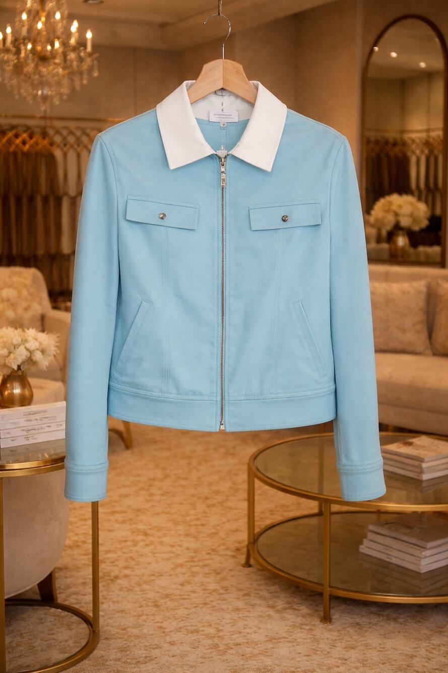 St John Sport Jacket Aqua Seafoam Zip White Collar Structured Size Small Resort